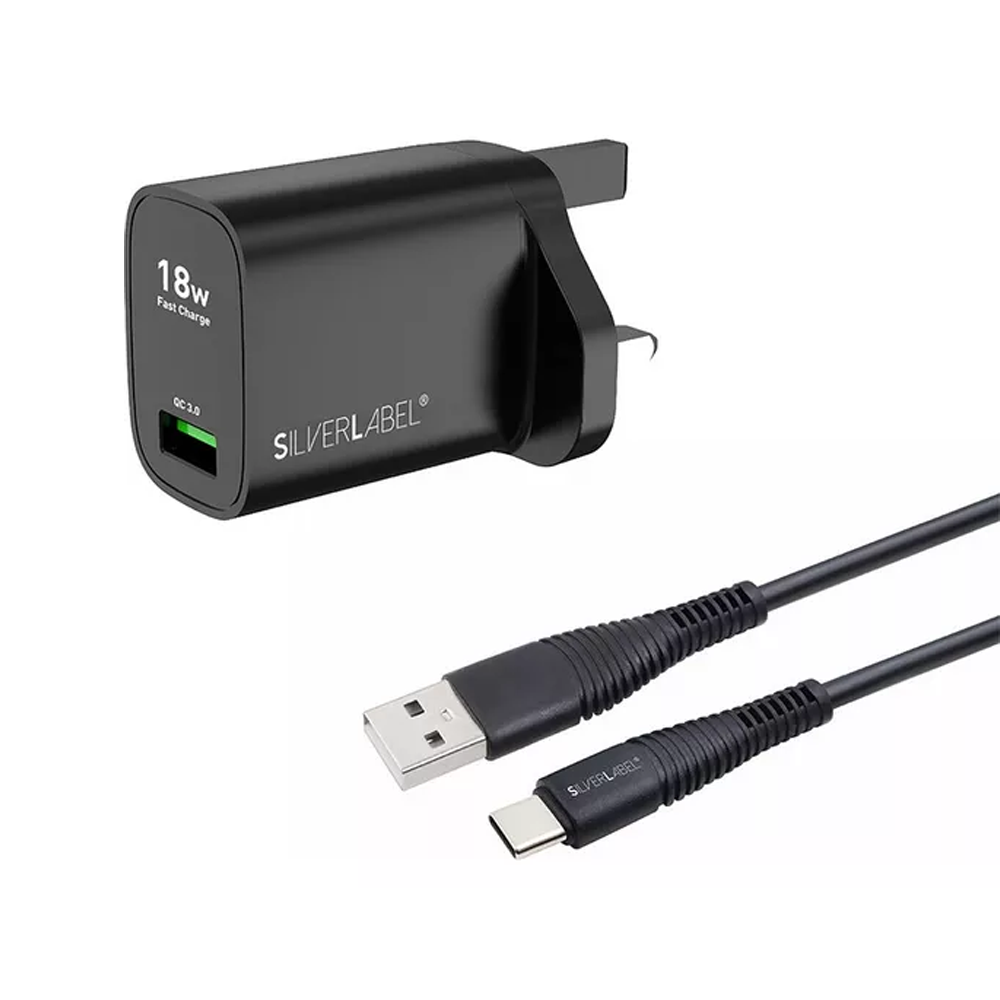 SilverLabel Mains Charger and USB-C Cable Bundle Black