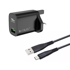 SilverLabel Mains Charger and USB-C Cable Bundle Black