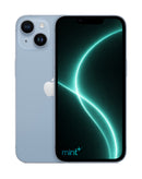 Photo of a blue iPhone 14 with mint+ wallpaper