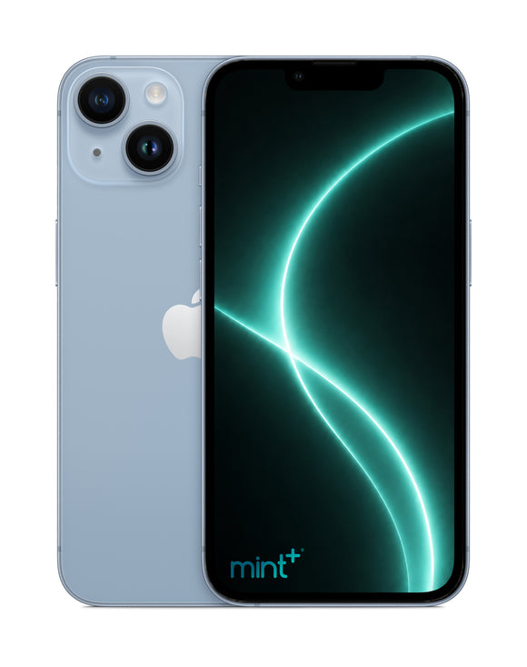 Photo of a blue iPhone 14 with mint+ wallpaper