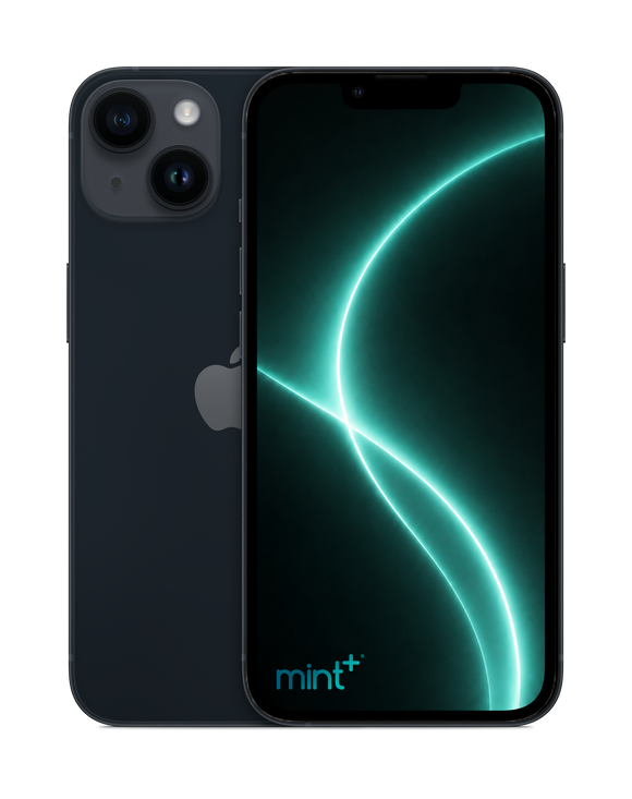 Photo of a black iPhone 14 with mint+ wallpaper