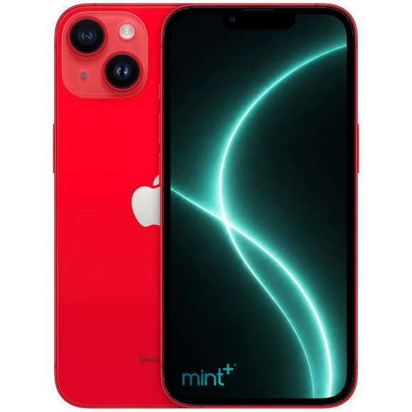 Photo of a red iPhone 14 with mint+ wallpaper