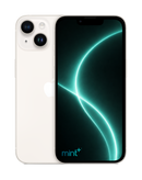 Photo of a white iPhone 14 with mint+ wallpaper