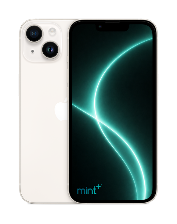 Photo of a white iPhone 14 with mint+ wallpaper